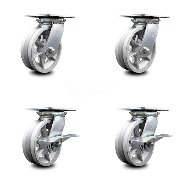 6 Inch V Groove Semi Steel Swivel Caster Set with Ball Bearings 2 Brakes SCC
